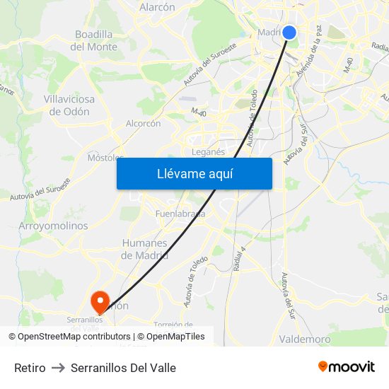 Retiro to Serranillos Del Valle map