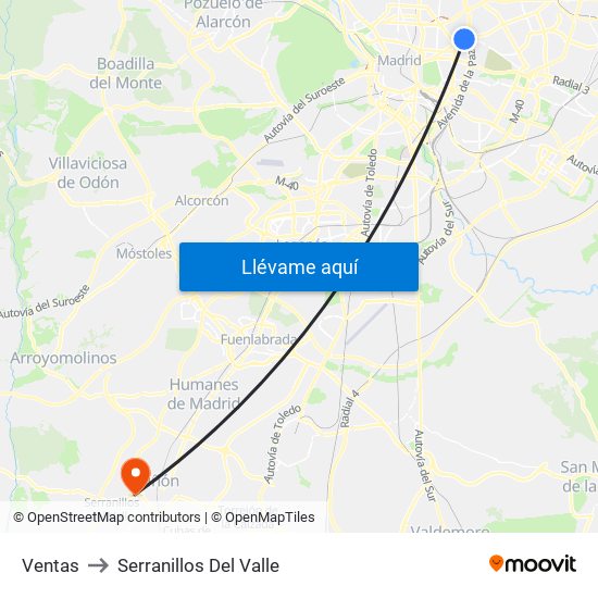 Ventas to Serranillos Del Valle map