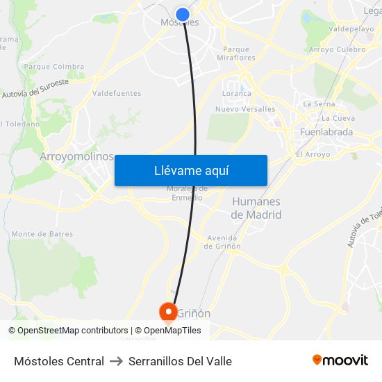 Móstoles Central to Serranillos Del Valle map