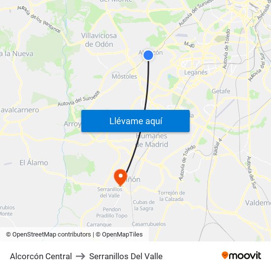 Alcorcón Central to Serranillos Del Valle map