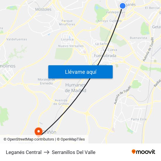 Leganés Central to Serranillos Del Valle map