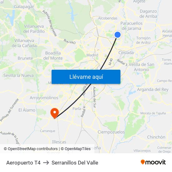 Aeropuerto T4 to Serranillos Del Valle map