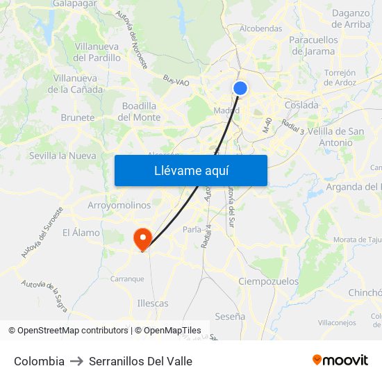 Colombia to Serranillos Del Valle map