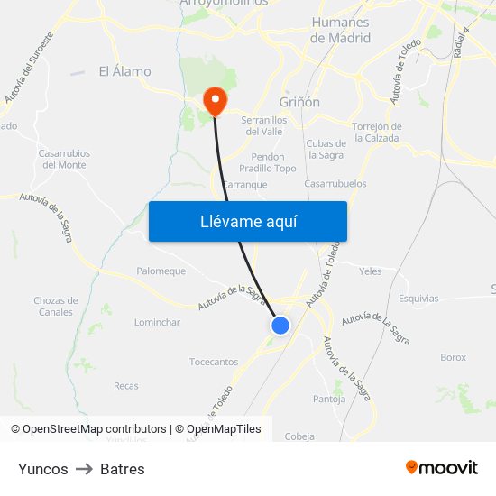 Yuncos to Batres map