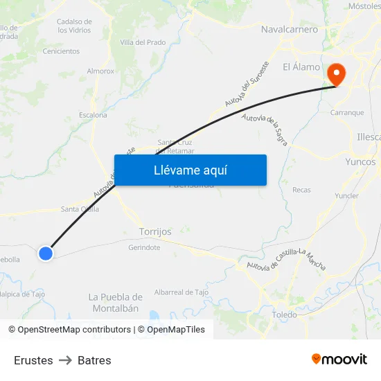 Erustes to Batres map
