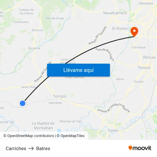 Carriches to Batres map