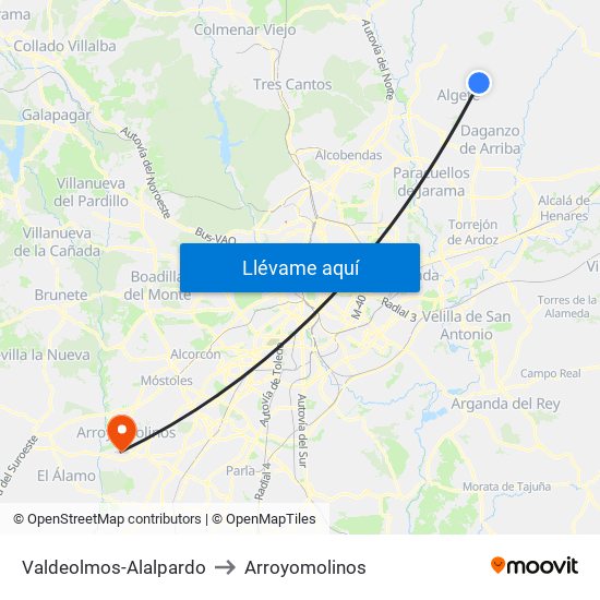 Valdeolmos-Alalpardo to Arroyomolinos map