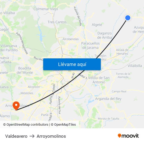 Valdeavero to Arroyomolinos map