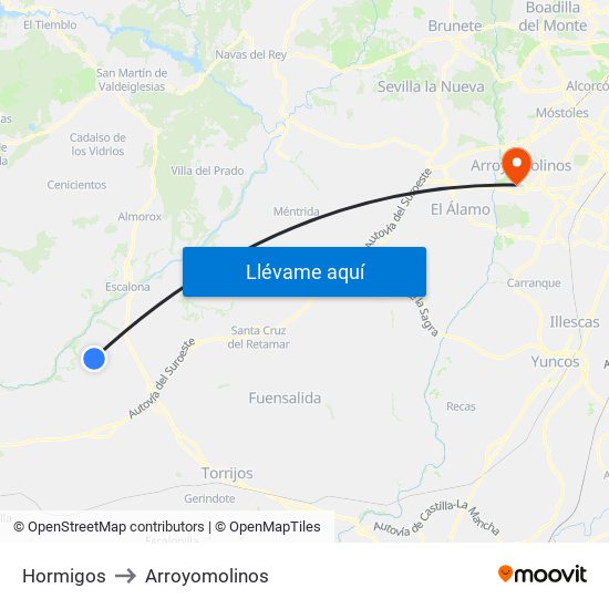 Hormigos to Arroyomolinos map