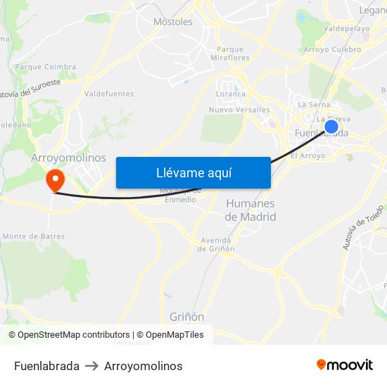 Fuenlabrada to Arroyomolinos map