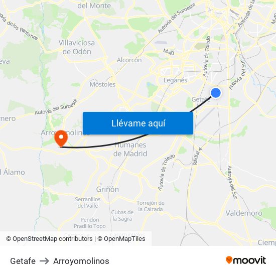 Getafe to Arroyomolinos map