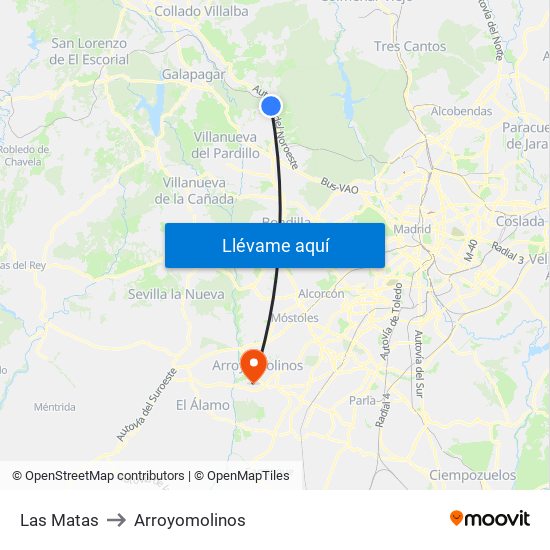 Las Matas to Arroyomolinos map