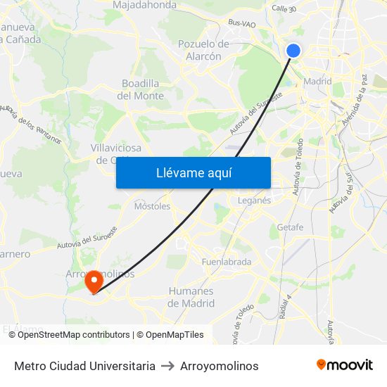 Metro Ciudad Universitaria to Arroyomolinos map