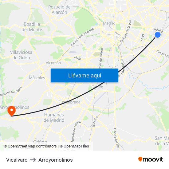 Vicálvaro to Arroyomolinos map