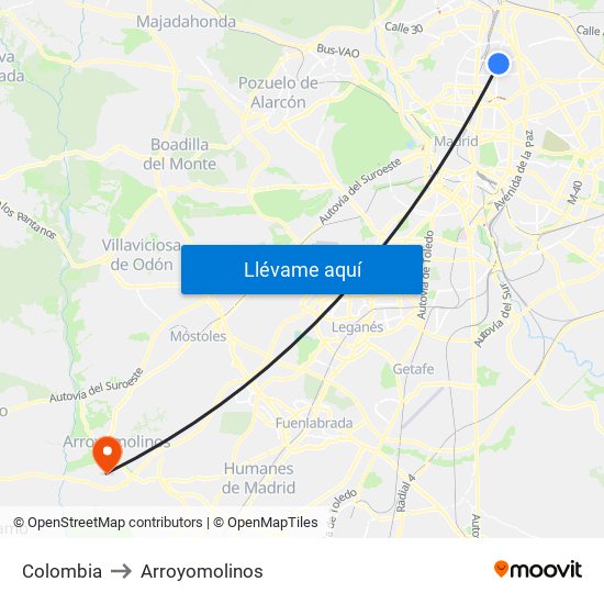 Colombia to Arroyomolinos map