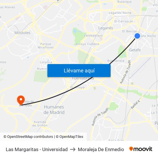 Las Margaritas - Universidad to Moraleja De Enmedio map