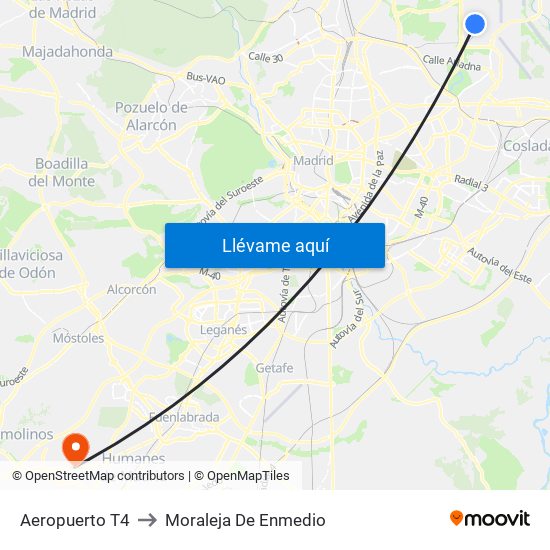 Aeropuerto T4 to Moraleja De Enmedio map