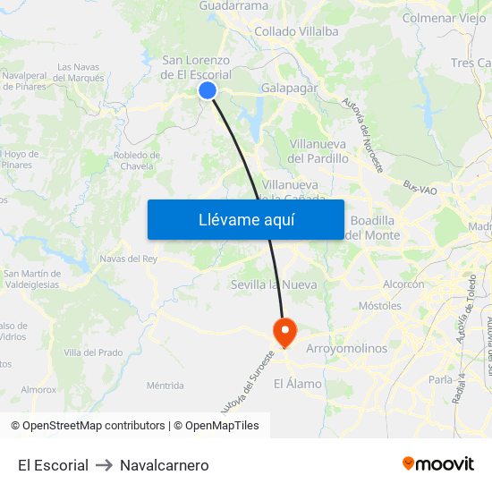 El Escorial to Navalcarnero map