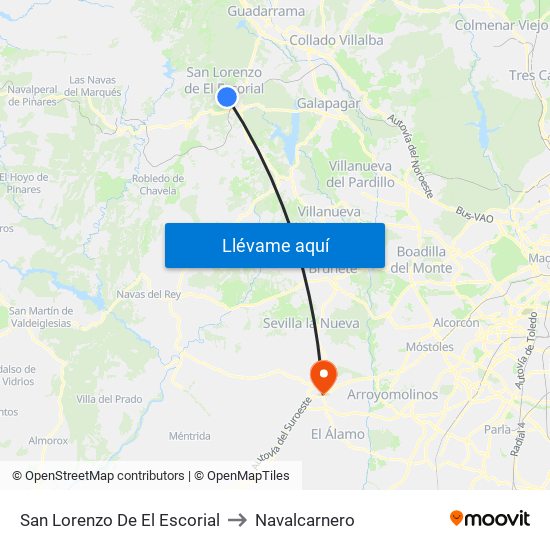 San Lorenzo De El Escorial to Navalcarnero map