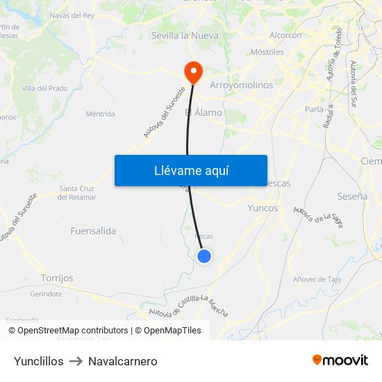 Yunclillos to Navalcarnero map