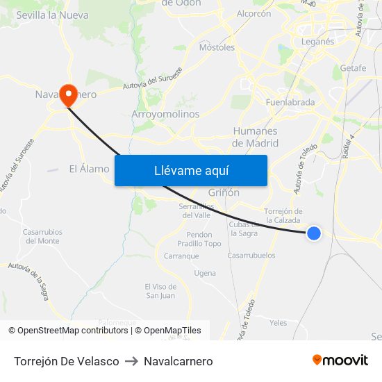 Torrejón De Velasco to Navalcarnero map