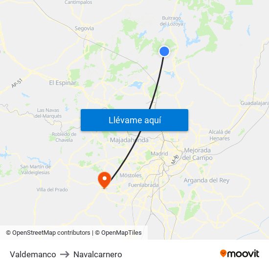 Valdemanco to Navalcarnero map