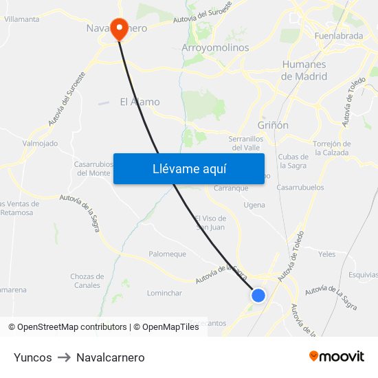 Yuncos to Navalcarnero map