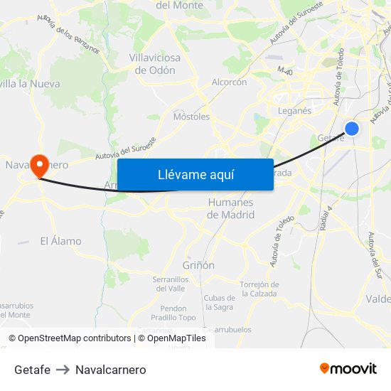 Getafe to Navalcarnero map