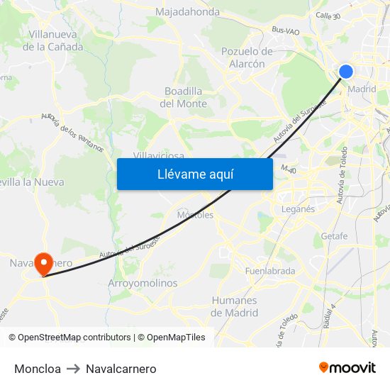 Moncloa to Navalcarnero map