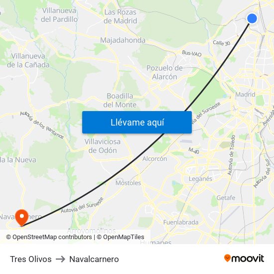 Tres Olivos to Navalcarnero map