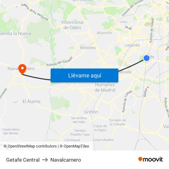 Getafe Central to Navalcarnero map