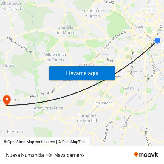 Nueva Numancia to Navalcarnero map