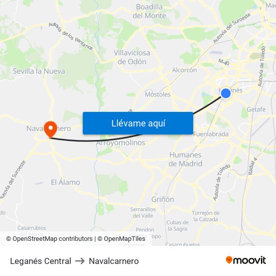 Leganés Central to Navalcarnero map