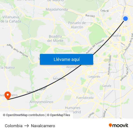 Colombia to Navalcarnero map
