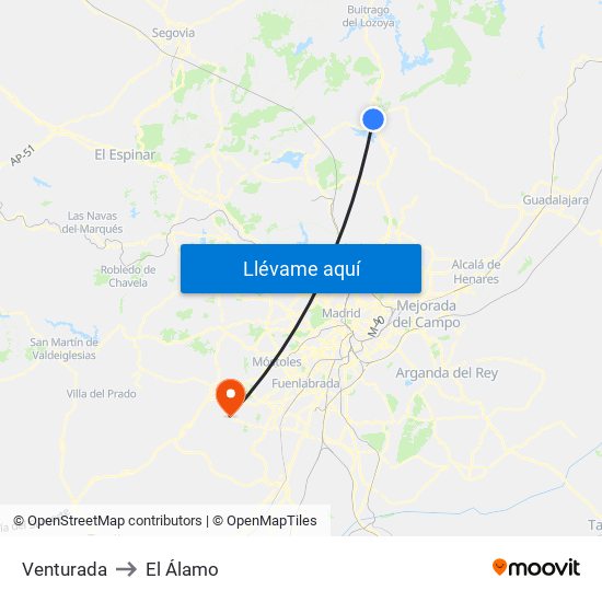 Venturada to El Álamo map