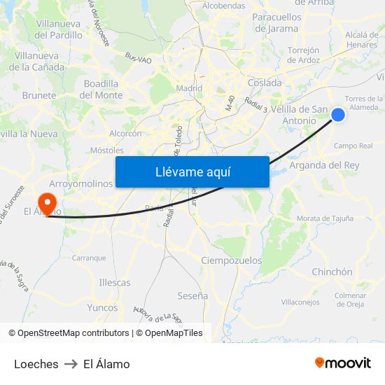Loeches to El Álamo map