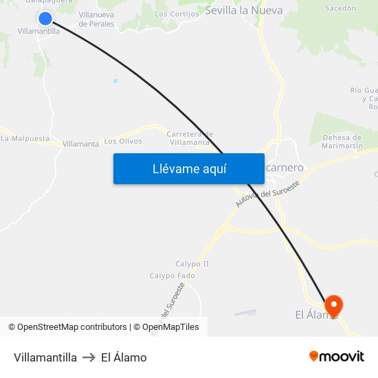 Villamantilla to El Álamo map