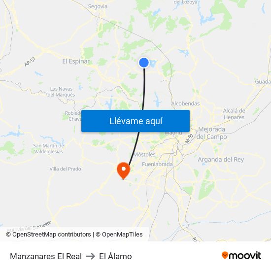 Manzanares El Real to El Álamo map