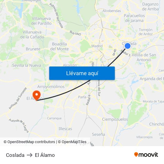 Coslada to El Álamo map