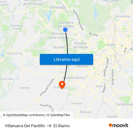 Villanueva Del Pardillo to El Álamo map