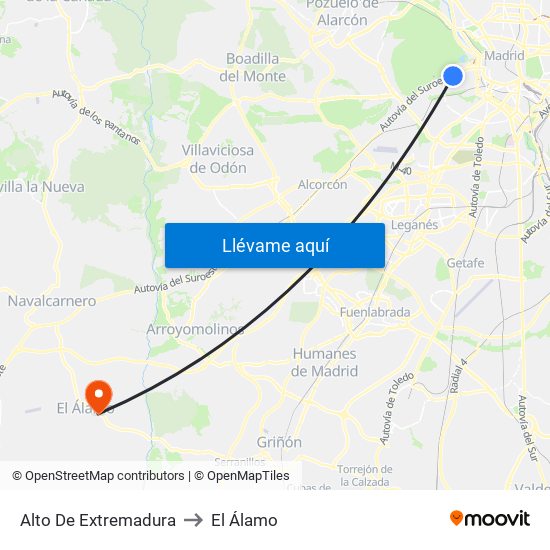 Alto De Extremadura to El Álamo map