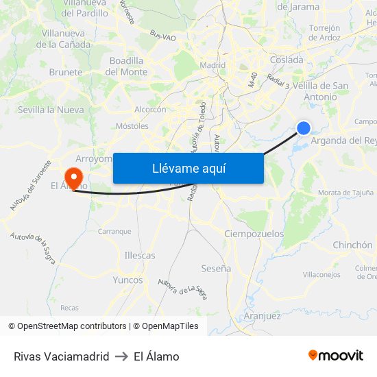 Rivas Vaciamadrid to El Álamo map
