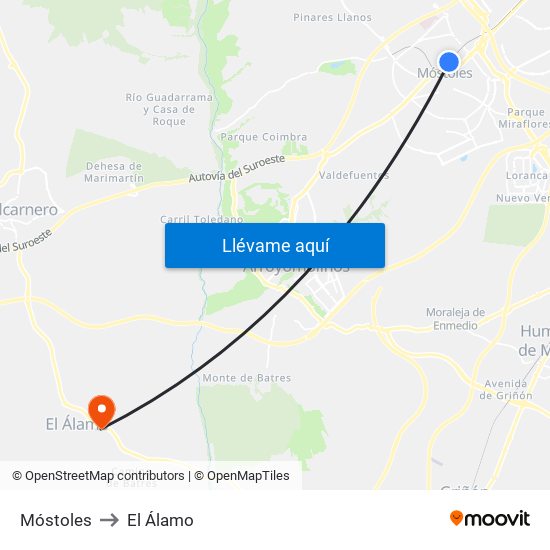 Móstoles to El Álamo map