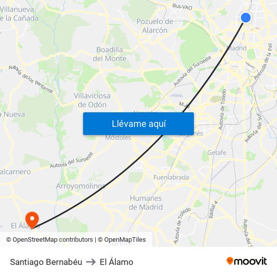 Santiago Bernabéu to El Álamo map