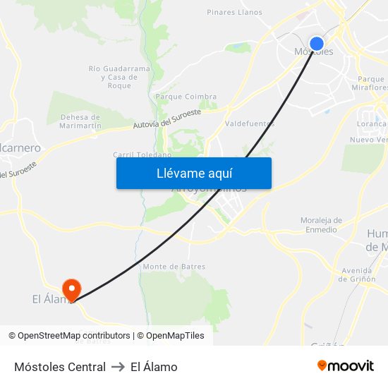 Móstoles Central to El Álamo map