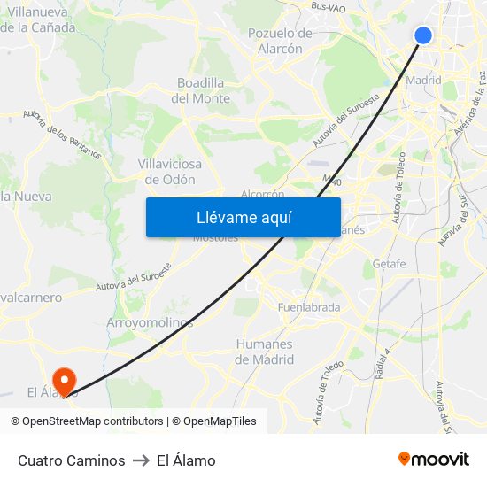Cuatro Caminos to El Álamo map