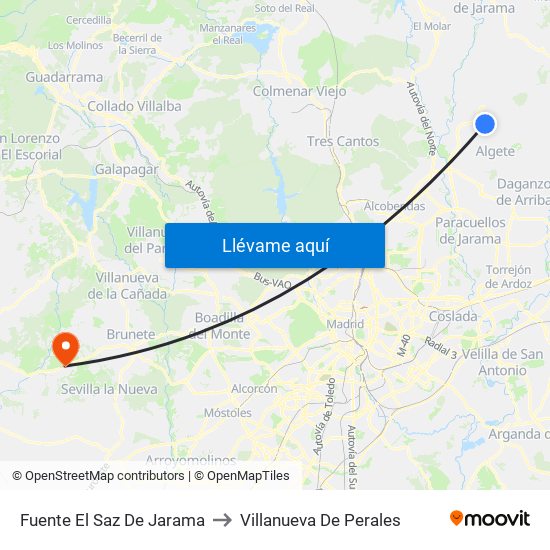 Fuente El Saz De Jarama to Villanueva De Perales map