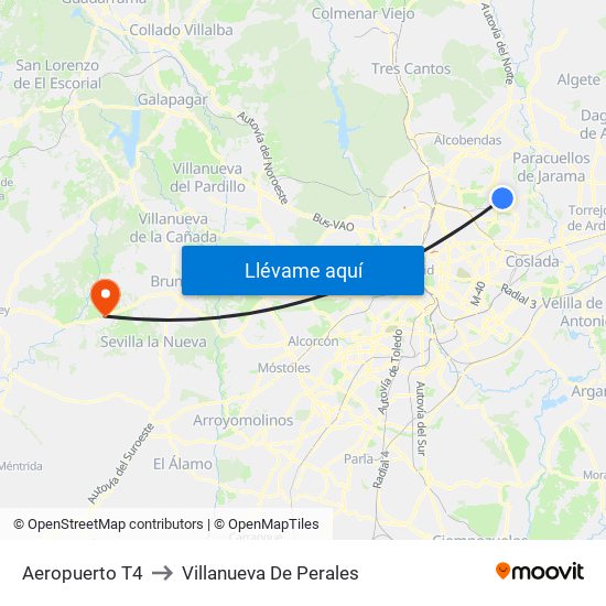 Aeropuerto T4 to Villanueva De Perales map