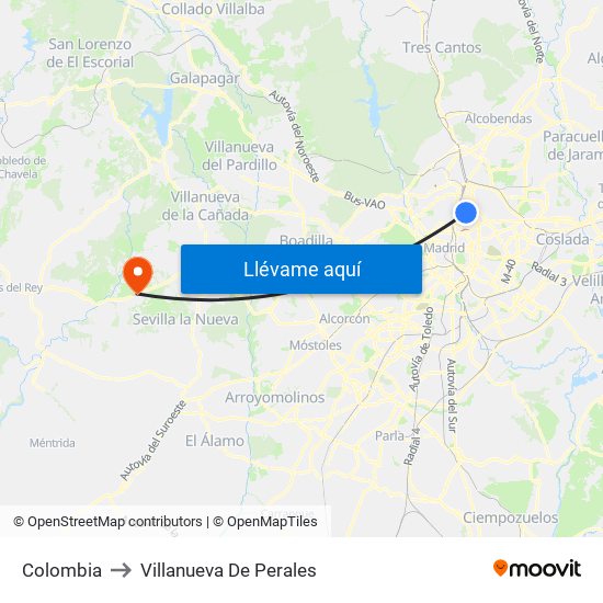 Colombia to Villanueva De Perales map