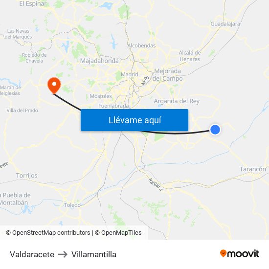 Valdaracete to Villamantilla map